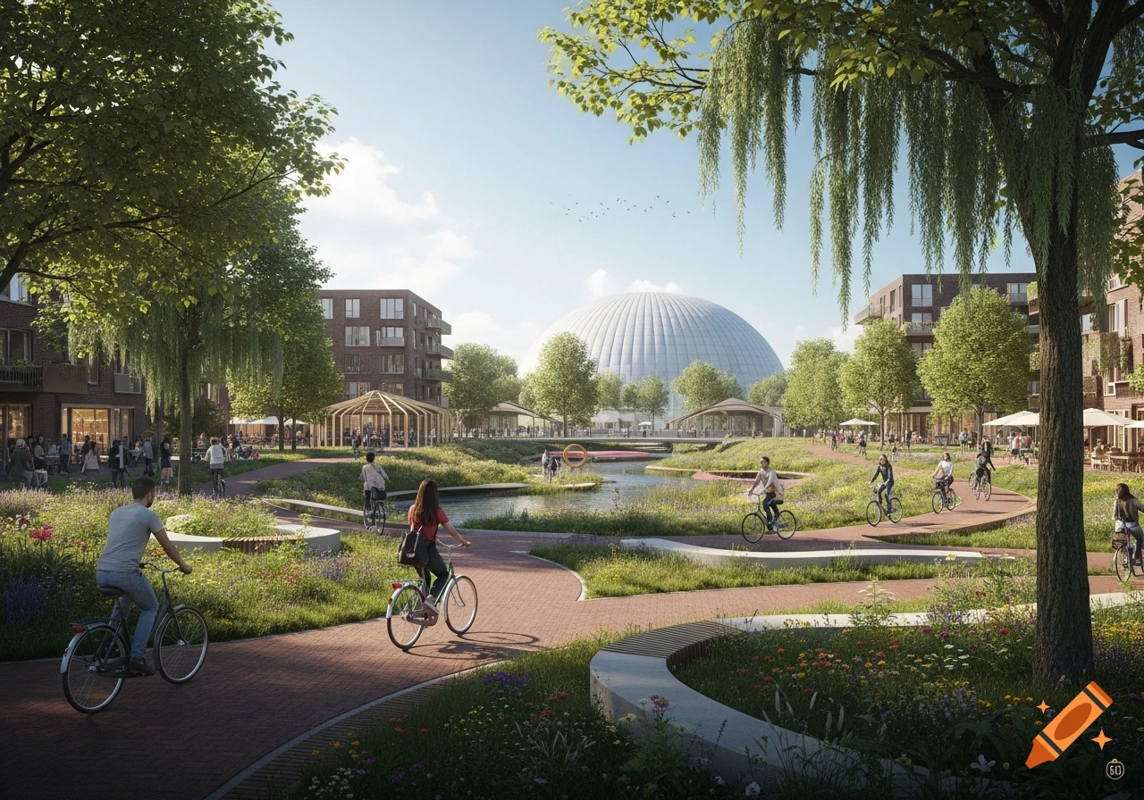 Photorealistic render of a green urban neighborhood with cyclists on bike paths, modern buildings, lush trees, a pond, and a large dome.