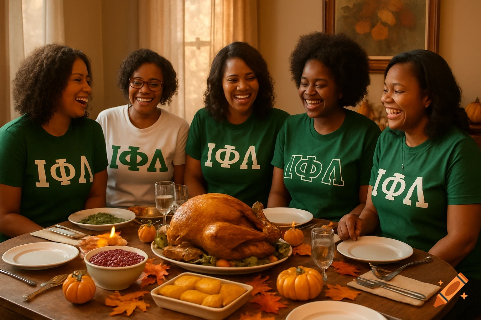 Five African American women in green and white Greek letter t-shirts, laughing around a Thanksgiving table with a roasted turkey and side dishes.