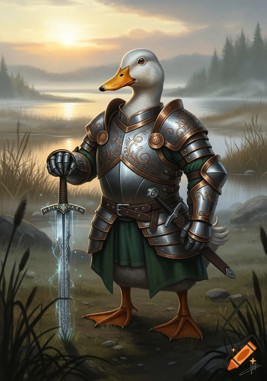 A majestic duck warrior in ornate silver and bronze armor holds an enchanted sword in a misty marsh at sunrise.