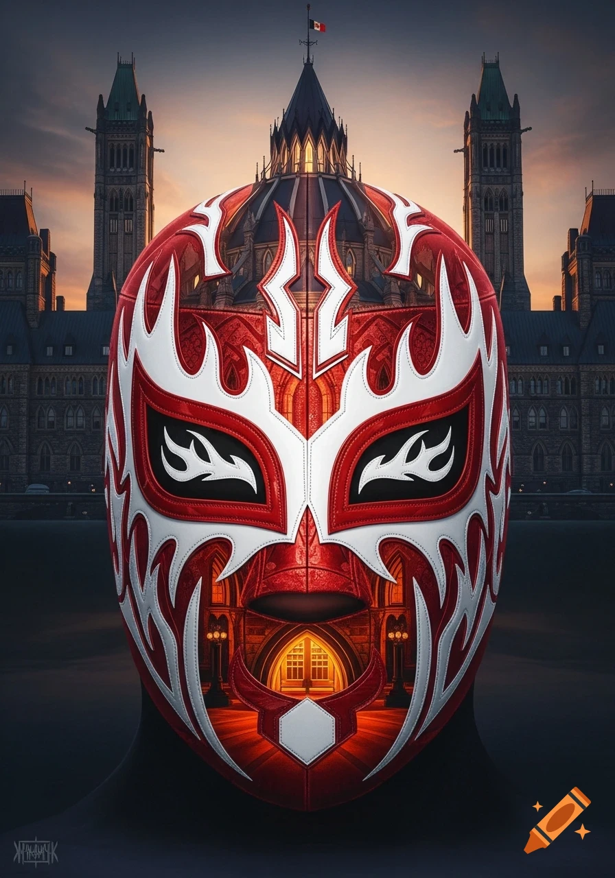 Red and white wrestling mask with patterns, overlaid on the Parliament of Canada building under a sunset sky.