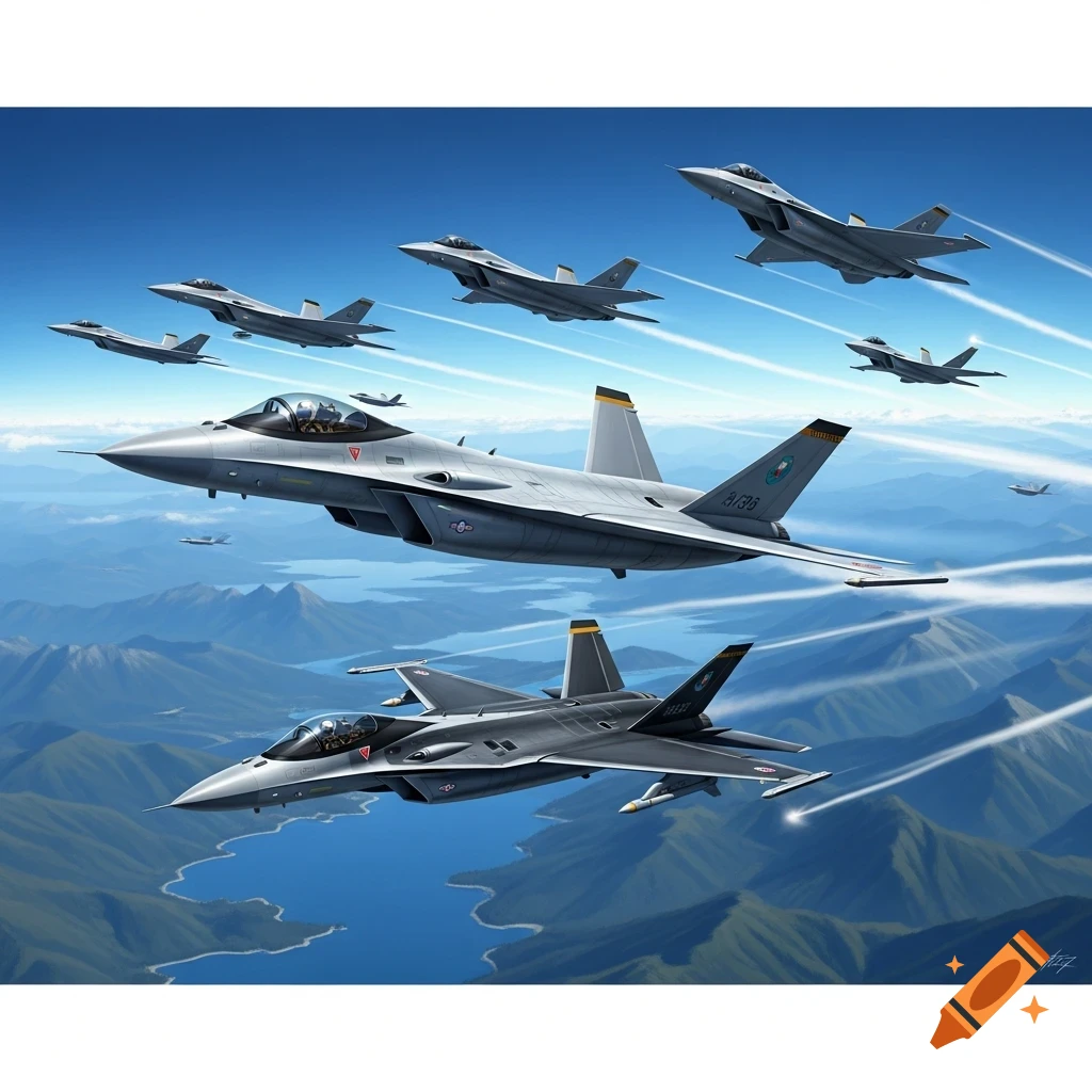 Illustration of a squadron of advanced fighter jets flying in formation over mountains and lakes under a clear blue sky.