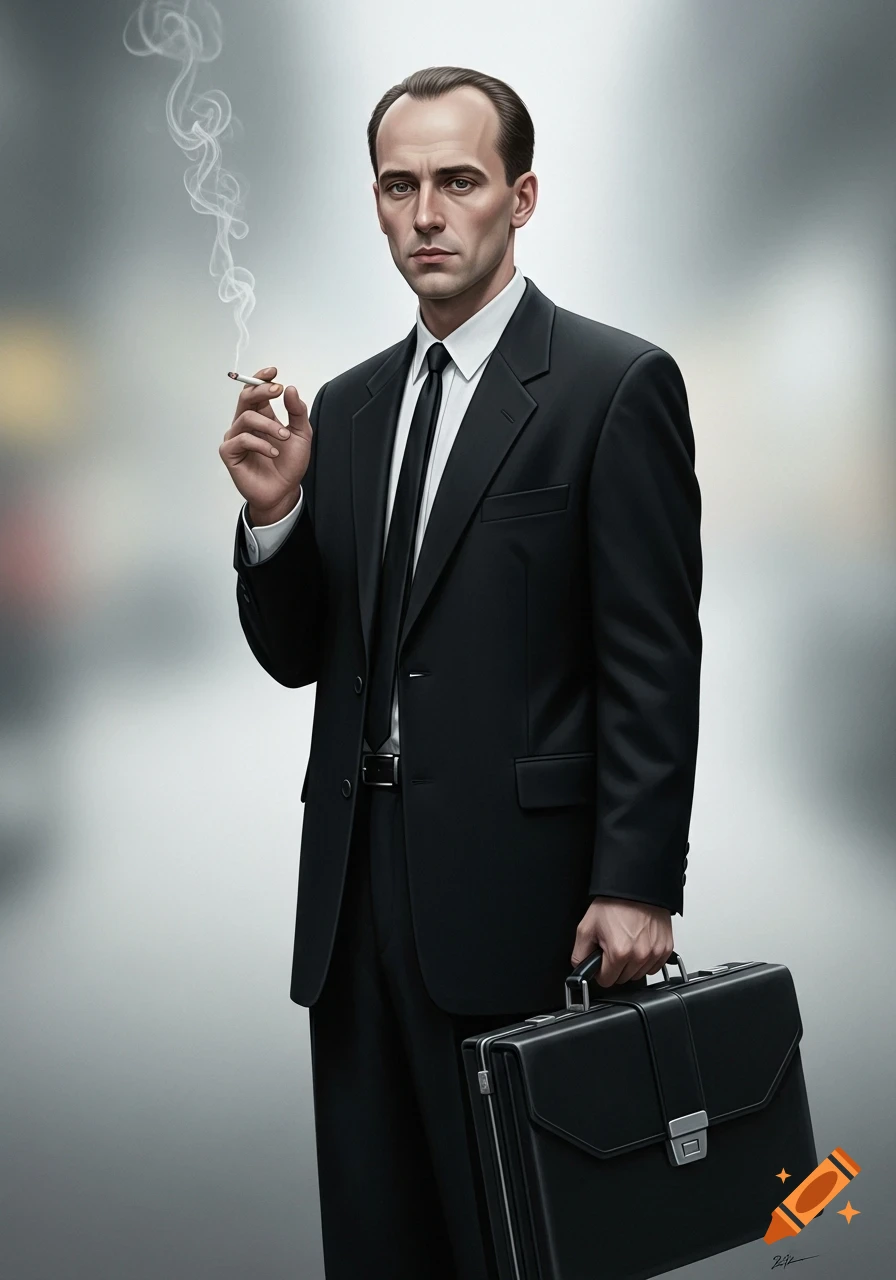 Photorealistic portrait of a thin, balding man in his mid-thirties, wearing a black suit, smoking a cigarette, and holding a briefcase.