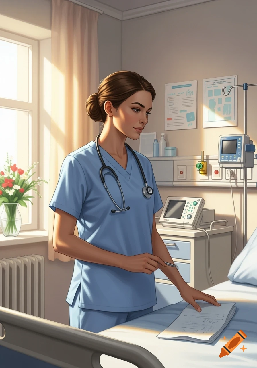 An illustrated nurse in blue scrubs stands by a hospital bed, holding a pen and looking at documents in a sunlit room.