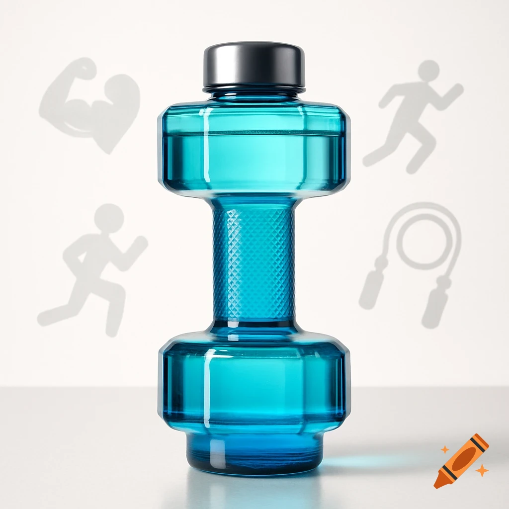 A turquoise dumbbell-shaped water bottle filled with water, surrounded by gray fitness icons on a light background.