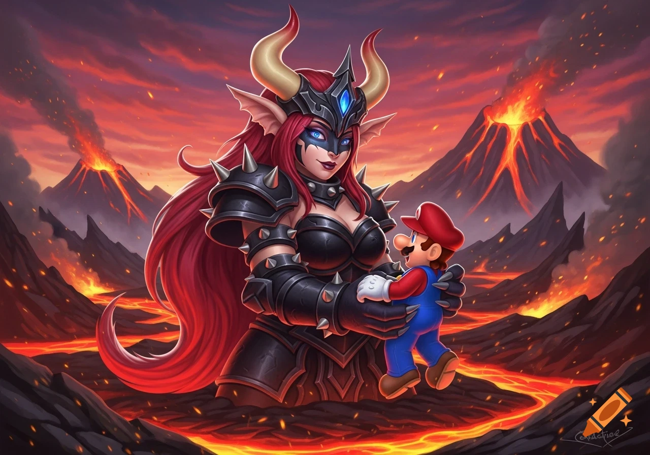 A powerful, horned Bowsette with long red hair and spike armor holds a tiny Mario against a backdrop of erupting volcanoes and rivers of lava.