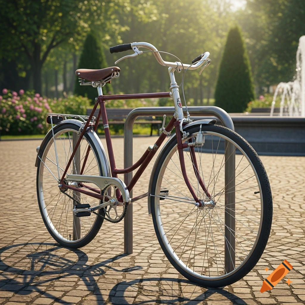 A red vintage bicycle with chrome accents is parked in a metal bicycle stand on a cobblestone path in a sunny park with a fountain in the background.
