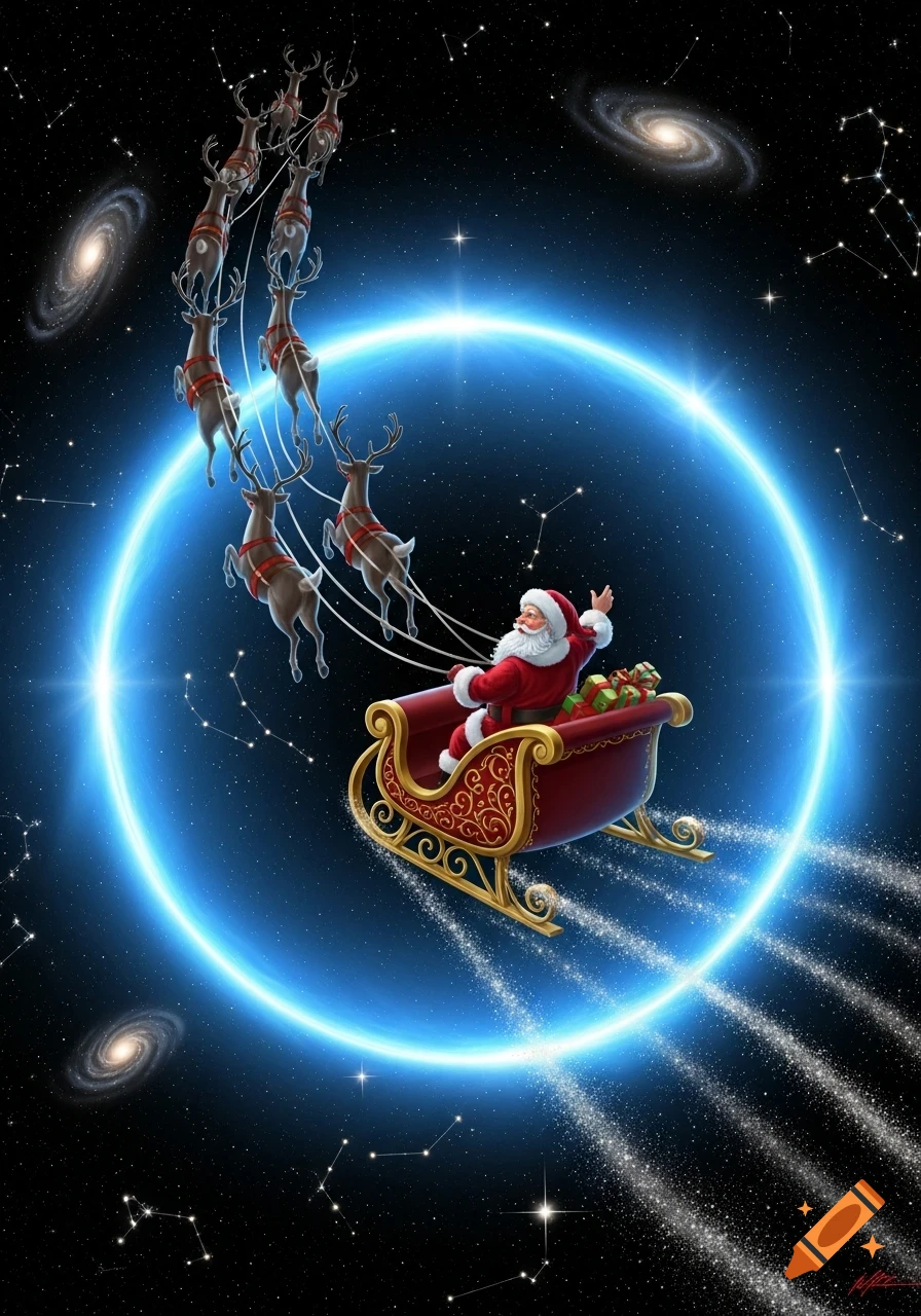 Santa Claus in a red sleigh pulled by reindeer flies across a starfield ...