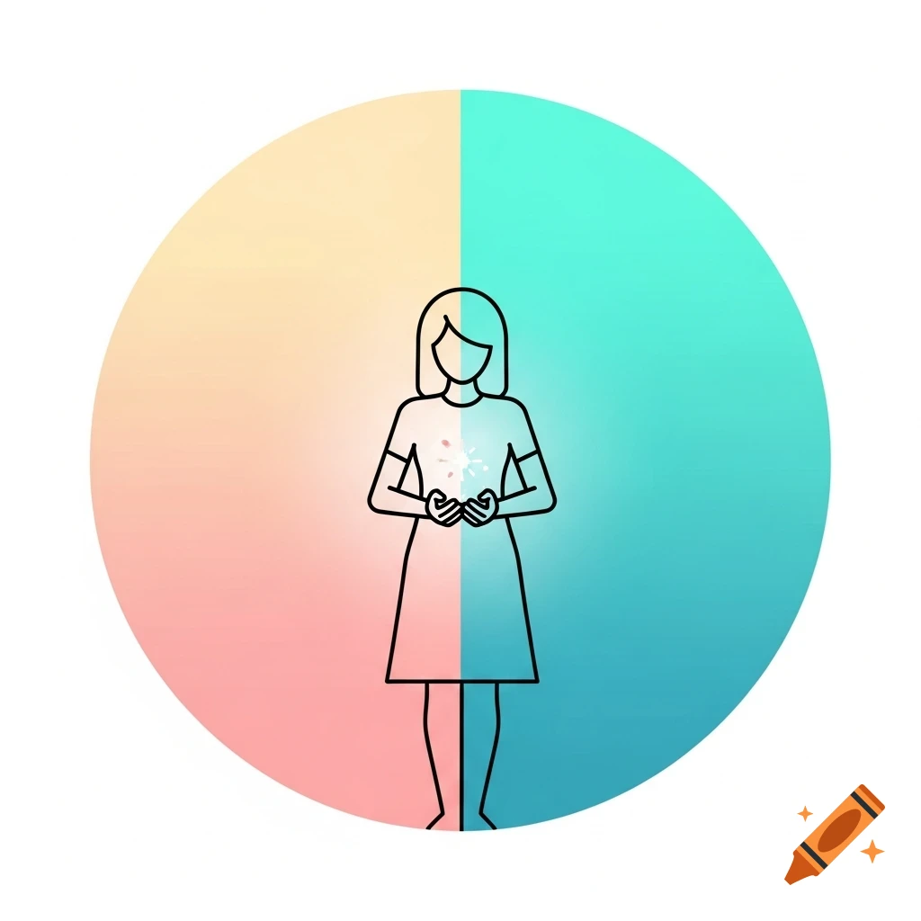 Minimalist illustration of a woman holding a glowing spark, centered in a circular frame with a split warm and cool pastel background.