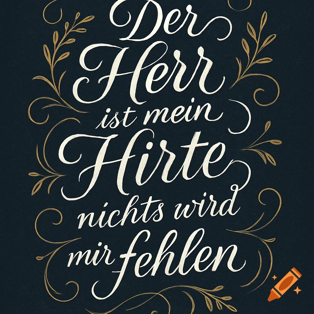 Hand-lettered German religious quote 'Der Herr ist mein Hirte, nichts wird mir fehlen' with gold floral ornaments on a dark background.