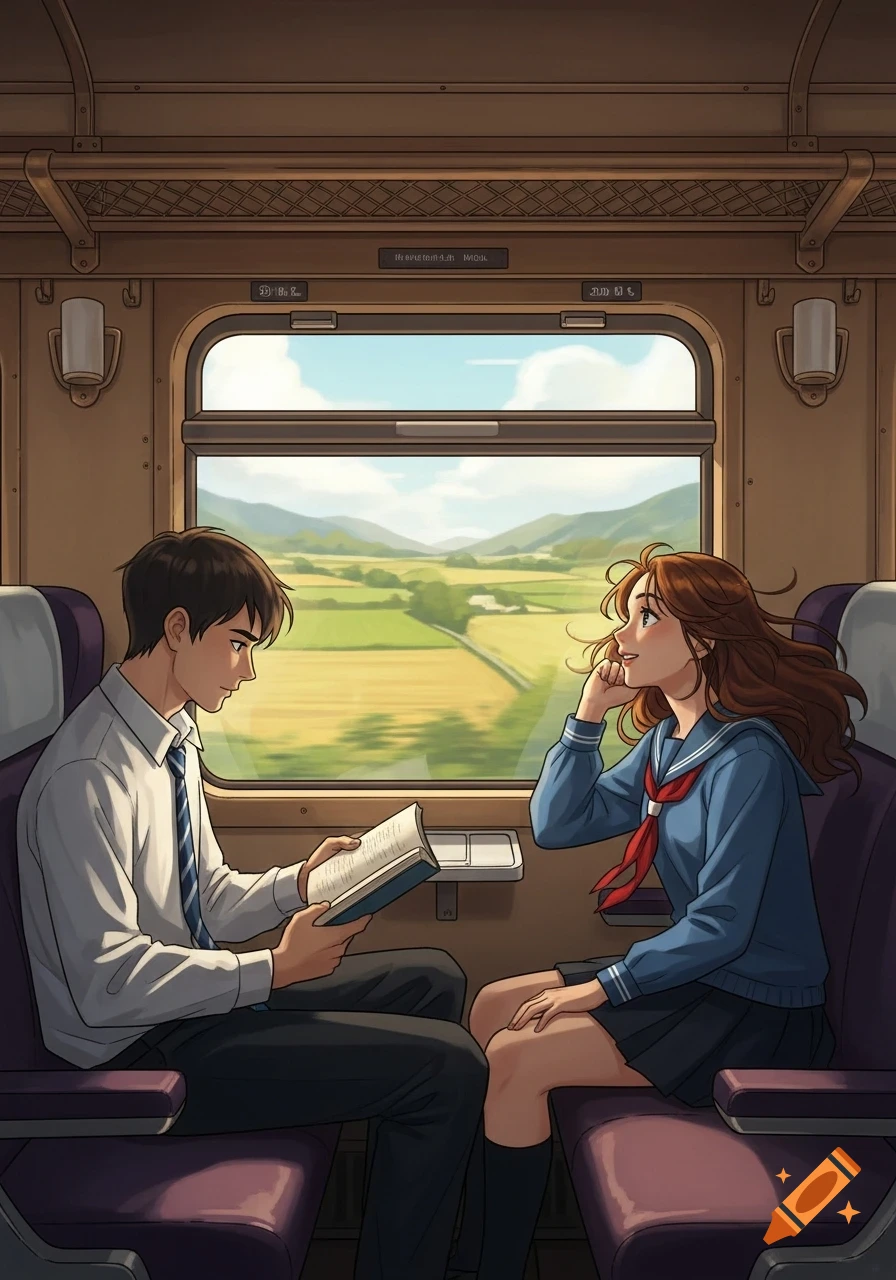 An anime-style illustration shows two high school students riding a train, with one reading and the other looking out at a scenic countryside view.
