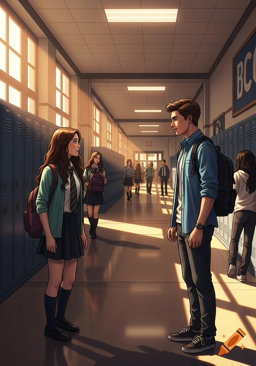 A young man and woman, in anime style, stand talking in a sunlit school hallway with lockers and other students in the background.