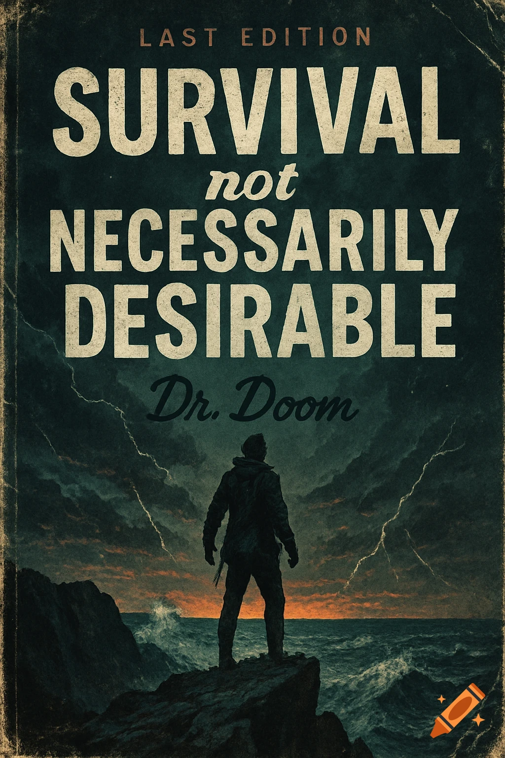 A dark book cover titled 'Survival not necessarily desirable' with a lone figure standing on a cliff overlooking a stormy sea at sunset.