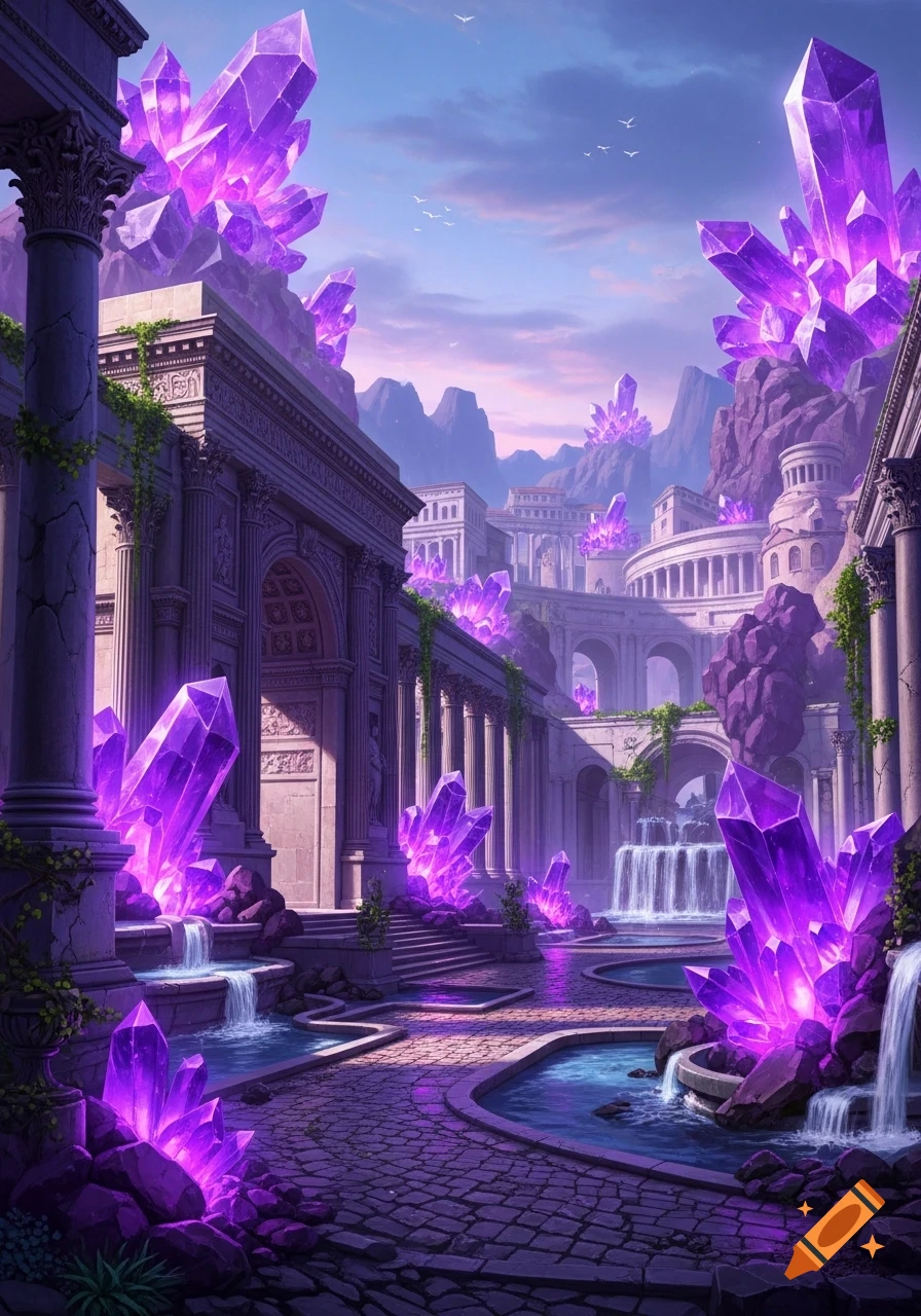 A vibrant fantasy landscape with ancient Roman architecture, glowing purple crystals, and cascading waterfalls under a soft sky.