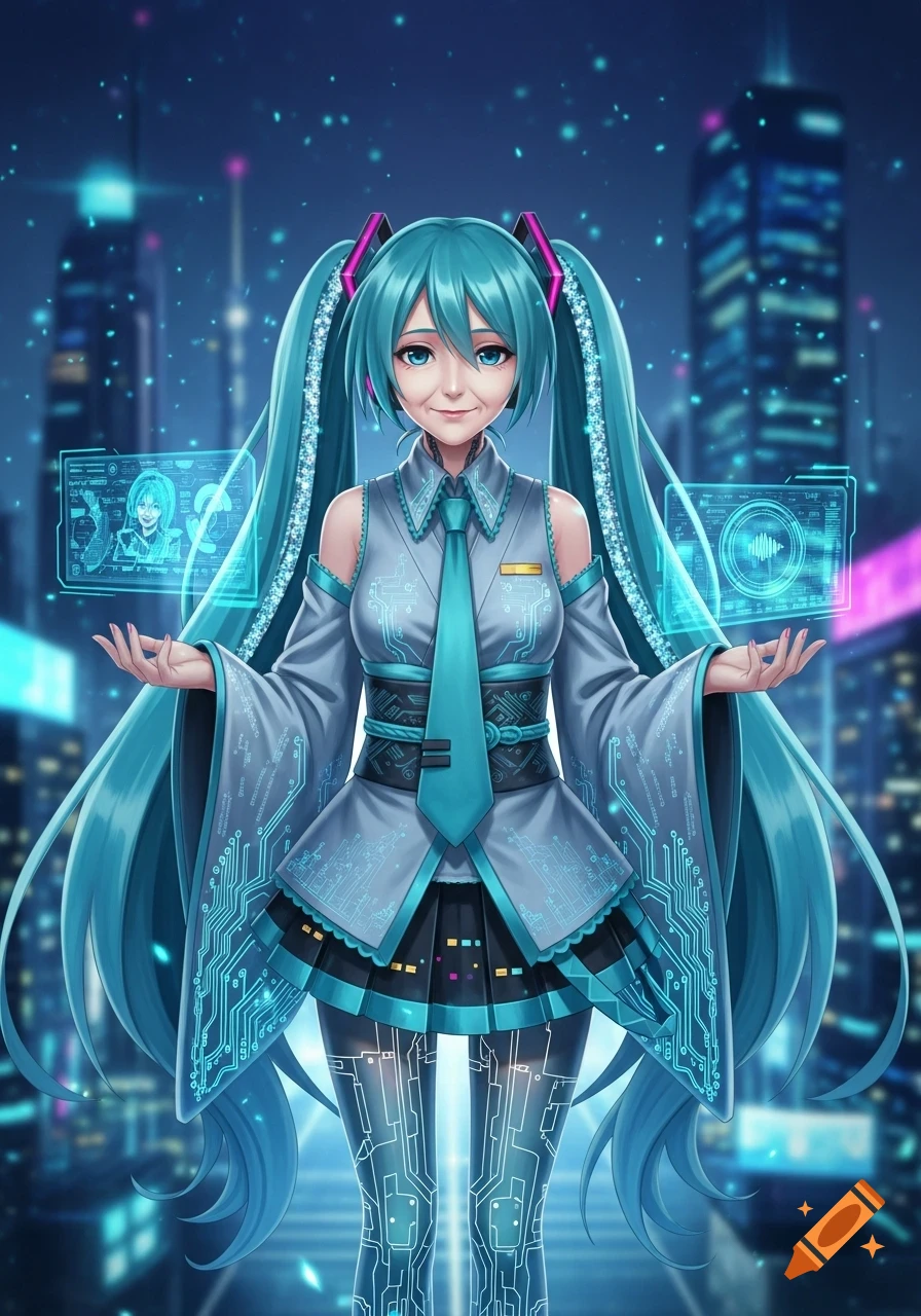 An older anime character resembling Hatsune Miku, dressed in futuristic attire with circuit board patterns, holding holographic displays in a city at night.