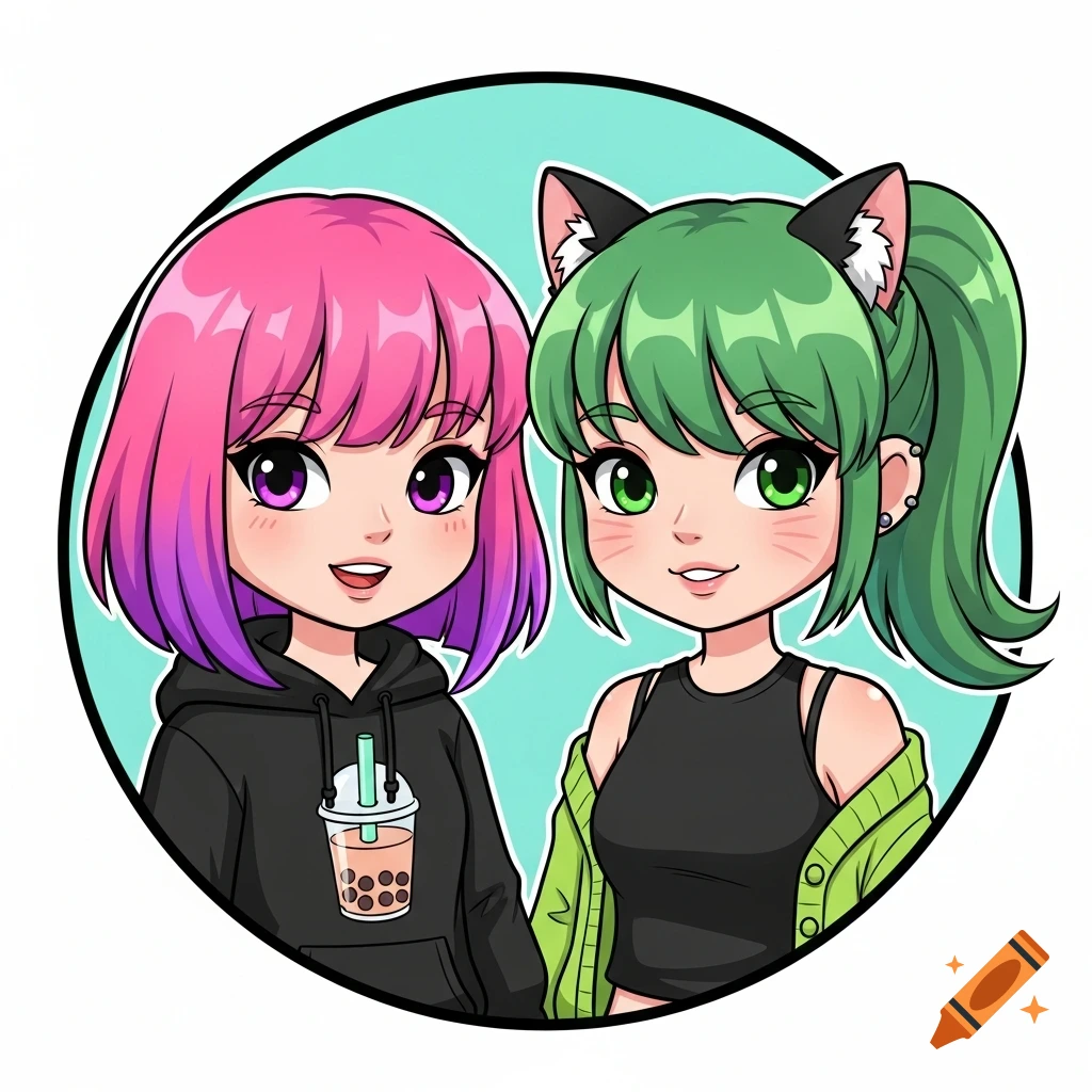 Two smiling chibi anime girls in a circular frame. One has pink/purple hair and a boba hoodie; the other has green hair, cat ears, lime cardigan.