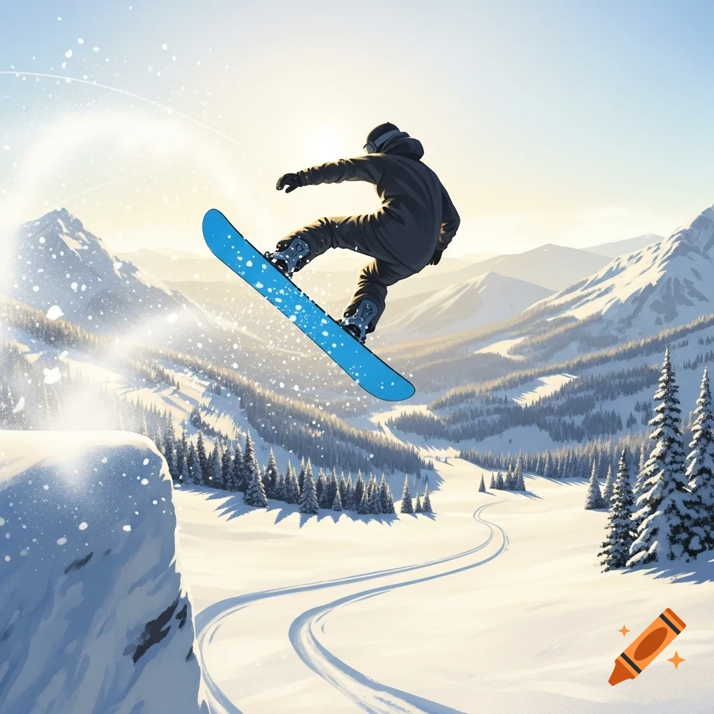 A snowboarder jumps off a snowy cliff in a bright mountain landscape with pine trees and winding tracks.