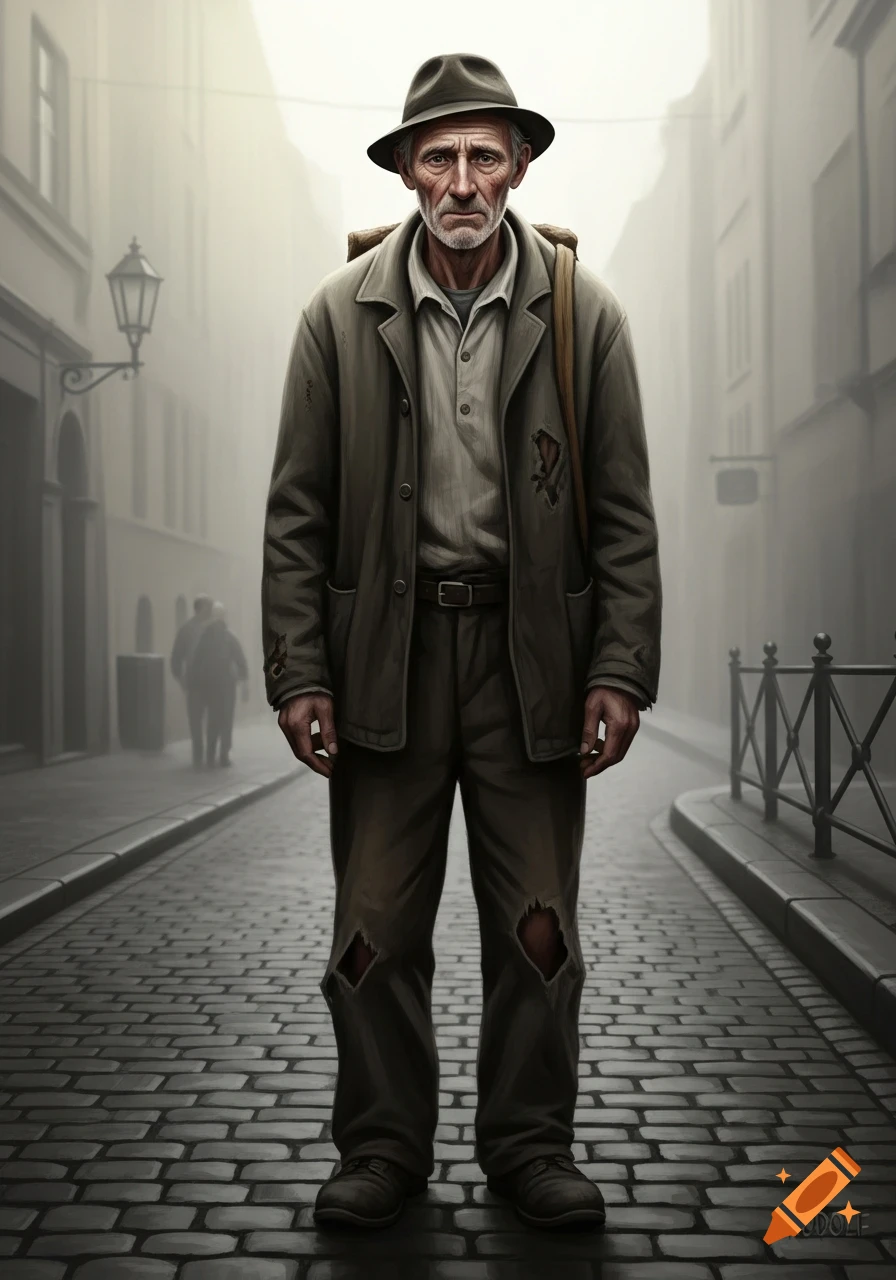 A weathered old man in a hat and torn clothes stands on a cobblestone street in a foggy, somber city.