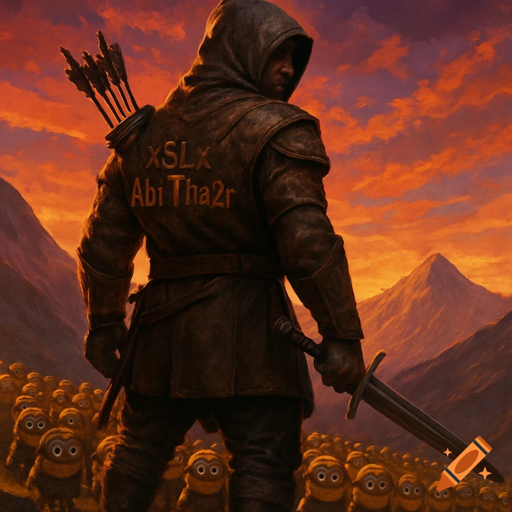 A hooded warrior with a sword and quiver, standing on a mountain at sunset, surrounded by yellow minions in battle gear.