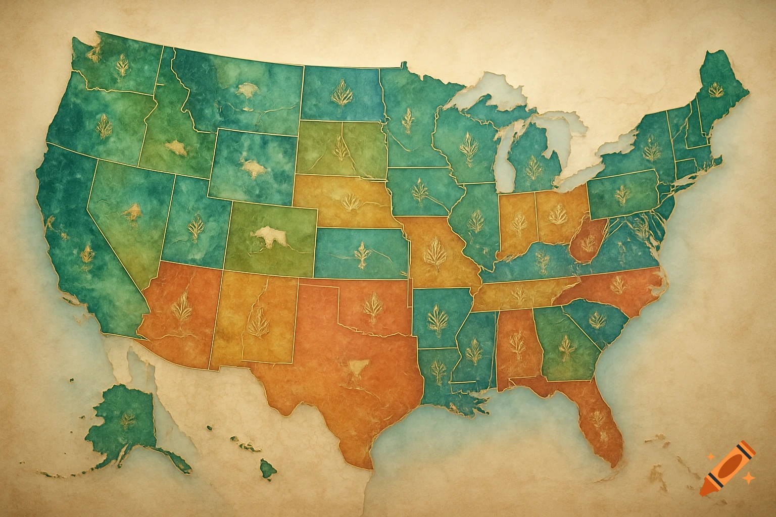 An artistic, textured map of the United States with states colored in teal, green, and orange, featuring leaf-like and animal symbols within some borders, against a beige background.