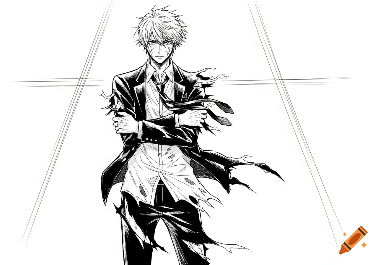 Black and white sketchy anime male character in a torn suit and tie, clutching his arms with an intense expression.