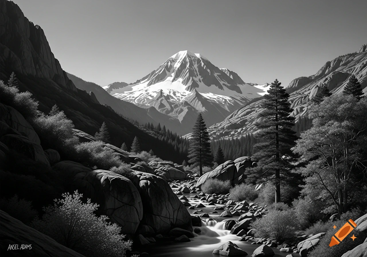 Dramatic black and white landscape photograph showing a snow-capped mountain, a river flowing over rocks, and dense forests.