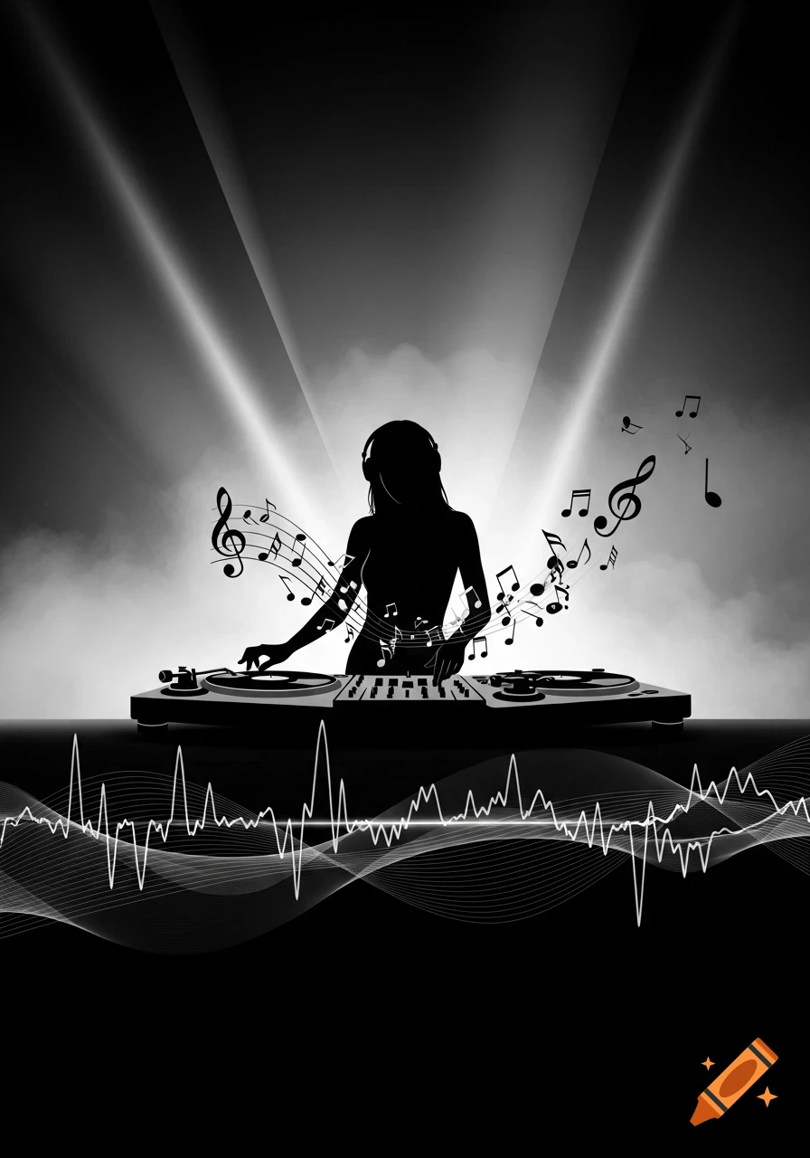 A black and white graphic silhouette of a female DJ with headphones at turntables, surrounded by musical notes and sound waves.