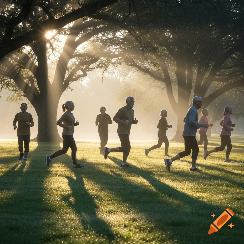 Adults running and jogging in a park during a misty sunrise, casting long shadows on the grass.