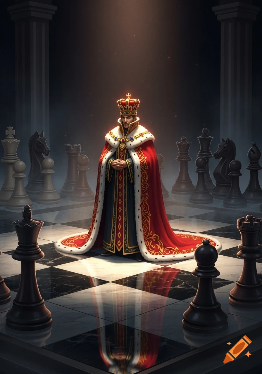 A majestic king in a red and gold robe and crown stands regally on a chessboard, surrounded by chess pieces, under dramatic lighting.