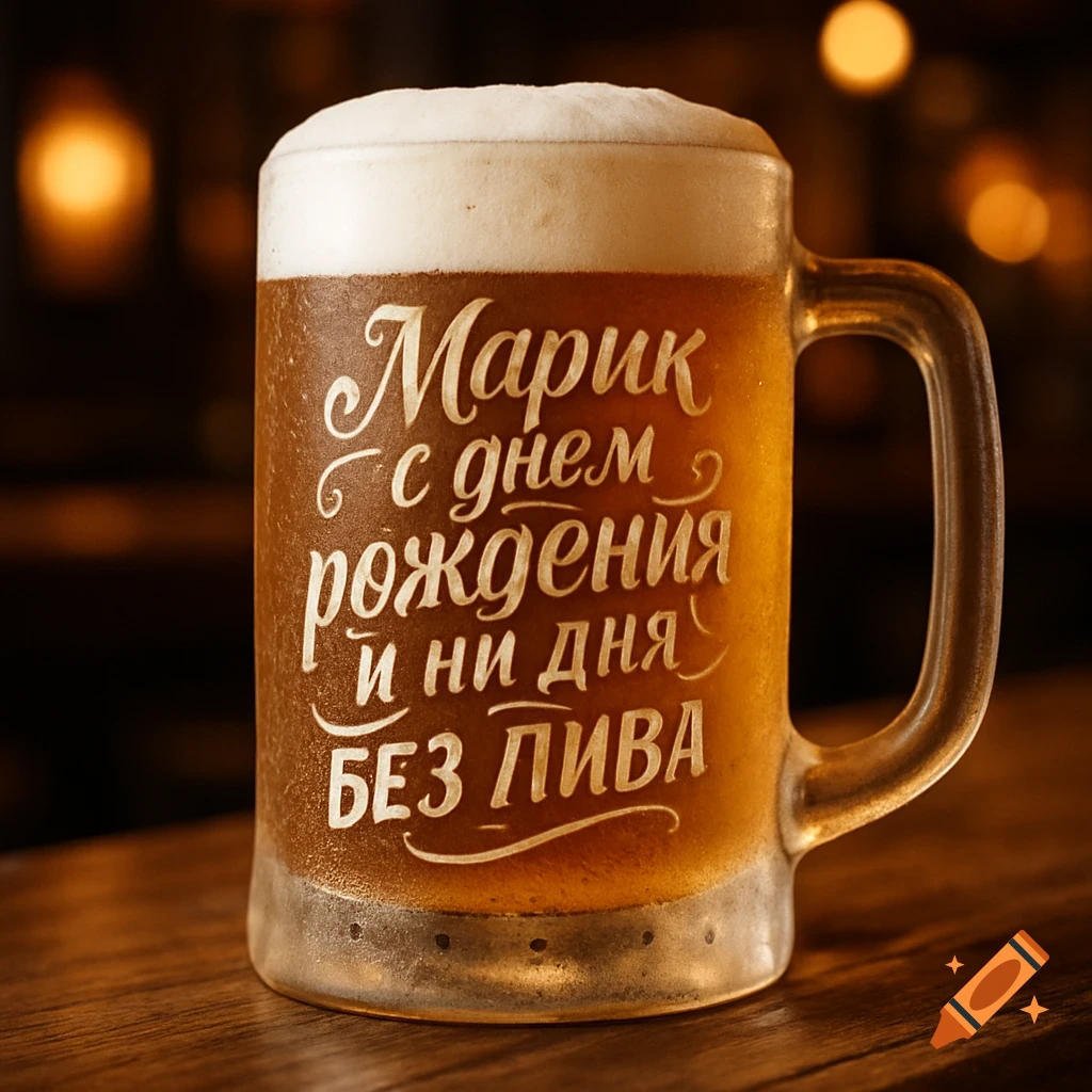 A close-up shot of a frosted beer mug filled with foamy light beer, inscribed with Russian text for a birthday on a wooden table.