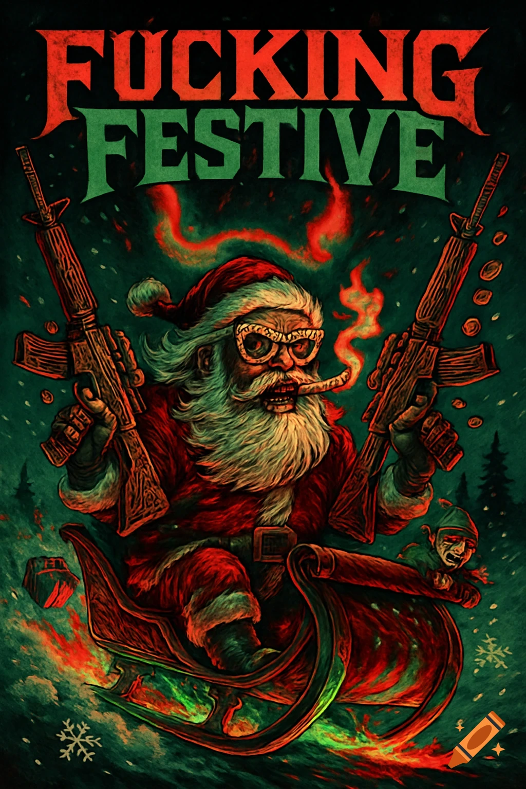 An intense, stylized heavy metal album cover features Santa Claus, wearing sunglasses and smoking, dual-wielding fantasy rifles while riding a flaming sleigh, with the text 'FUCKING FESTIVE' at the top.
