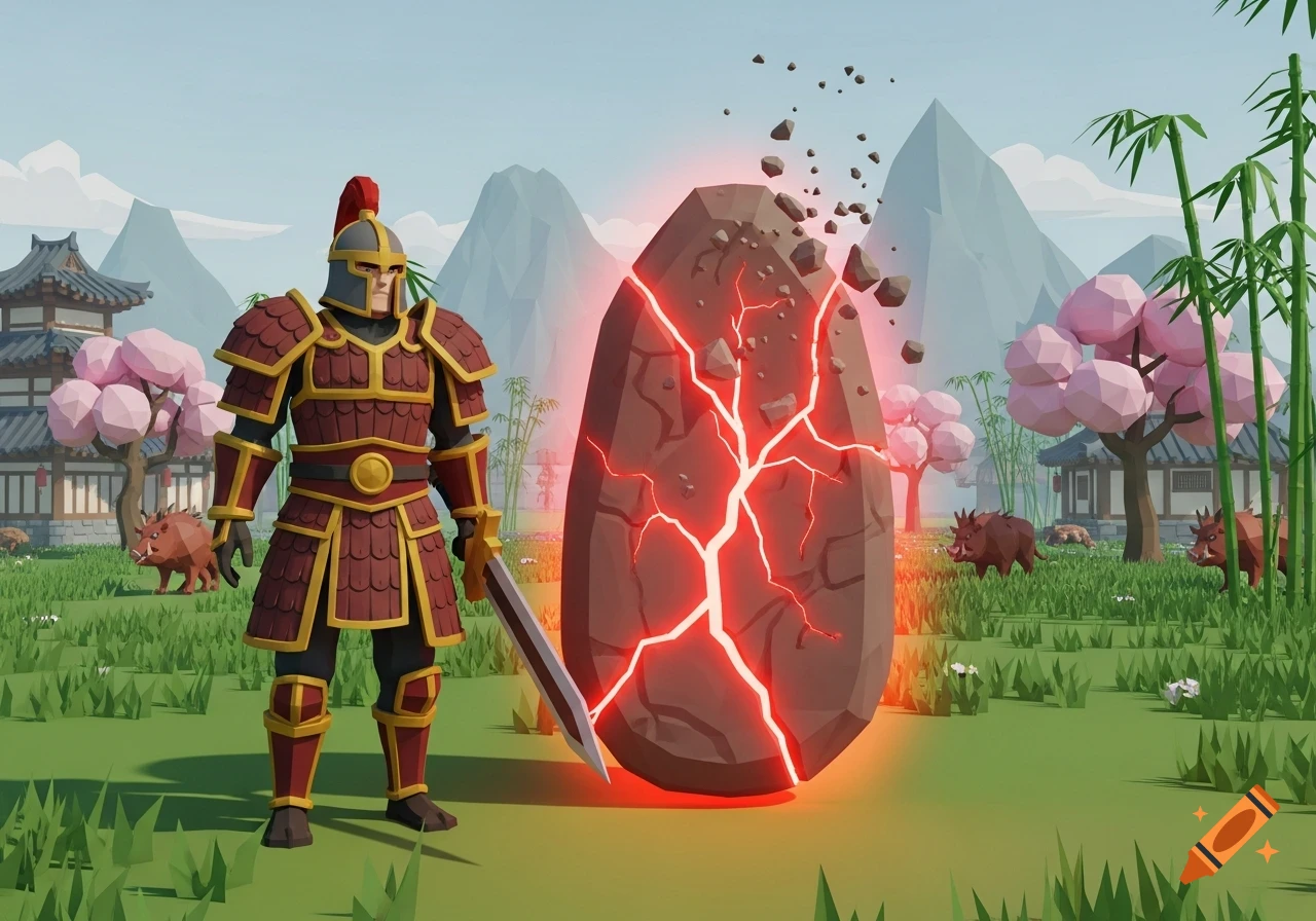 A low-poly video game warrior in red and gold armor stands next to a glowing, cracking Metin stone in an Asian-style field with cherry blossoms and boars.