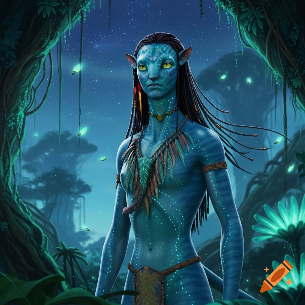 A blue-skinned Na'vi character with yellow eyes and braided hair, wearing a feather necklace, stands in a bioluminescent jungle at night.