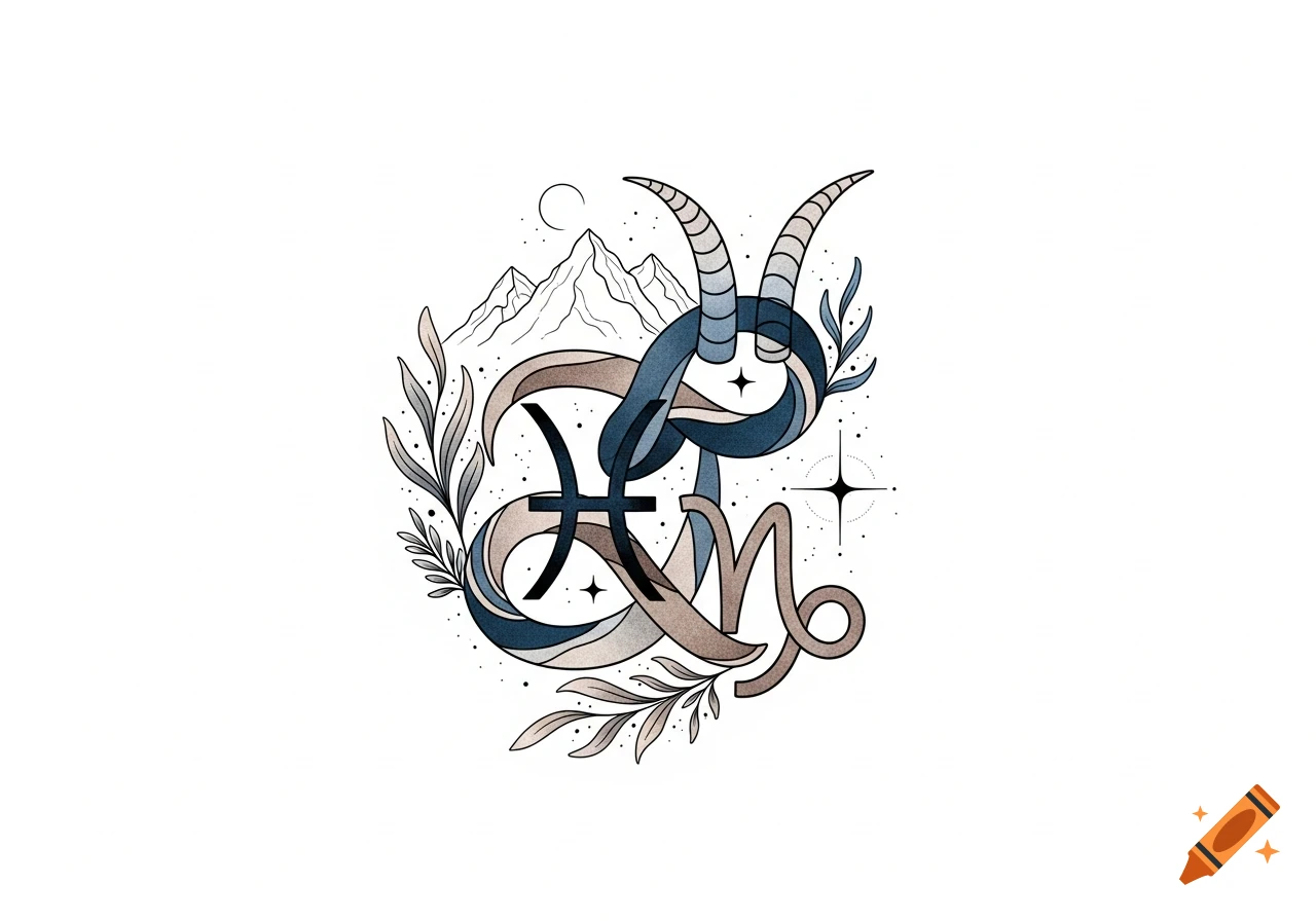 Stylized astrological symbols for Pisces and Capricorn intertwined with leaves, mountains, and stars in blue and earthy tones.