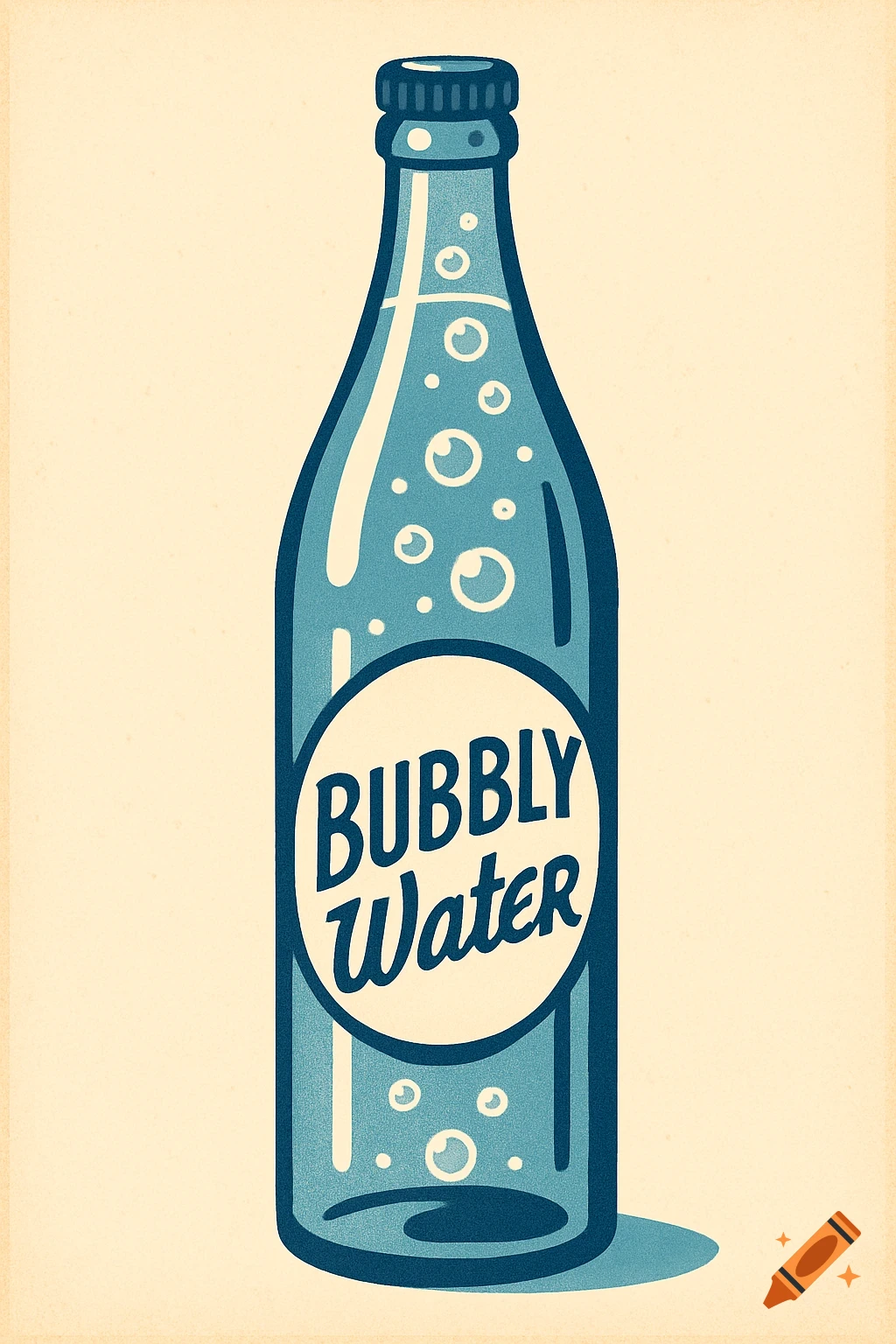 Vintage illustration of a blue bottle of Bubbly Water with rising bubbles, white label, and a dark blue cap on an off-white background.