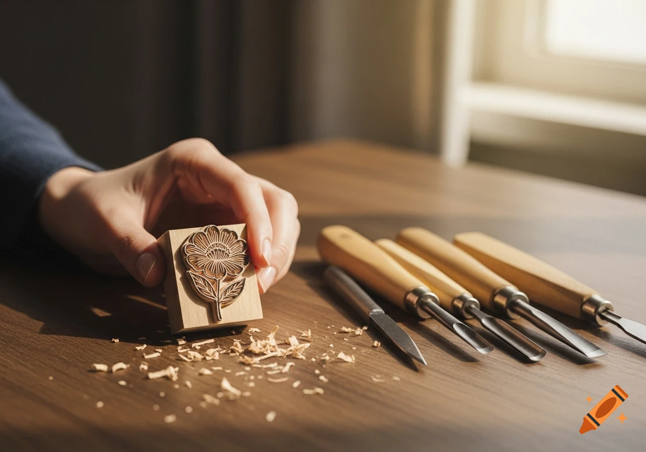 A hand holds a carved wooden stamp with a flower design, surrounded by wood shavings and carving tools on a wooden table.