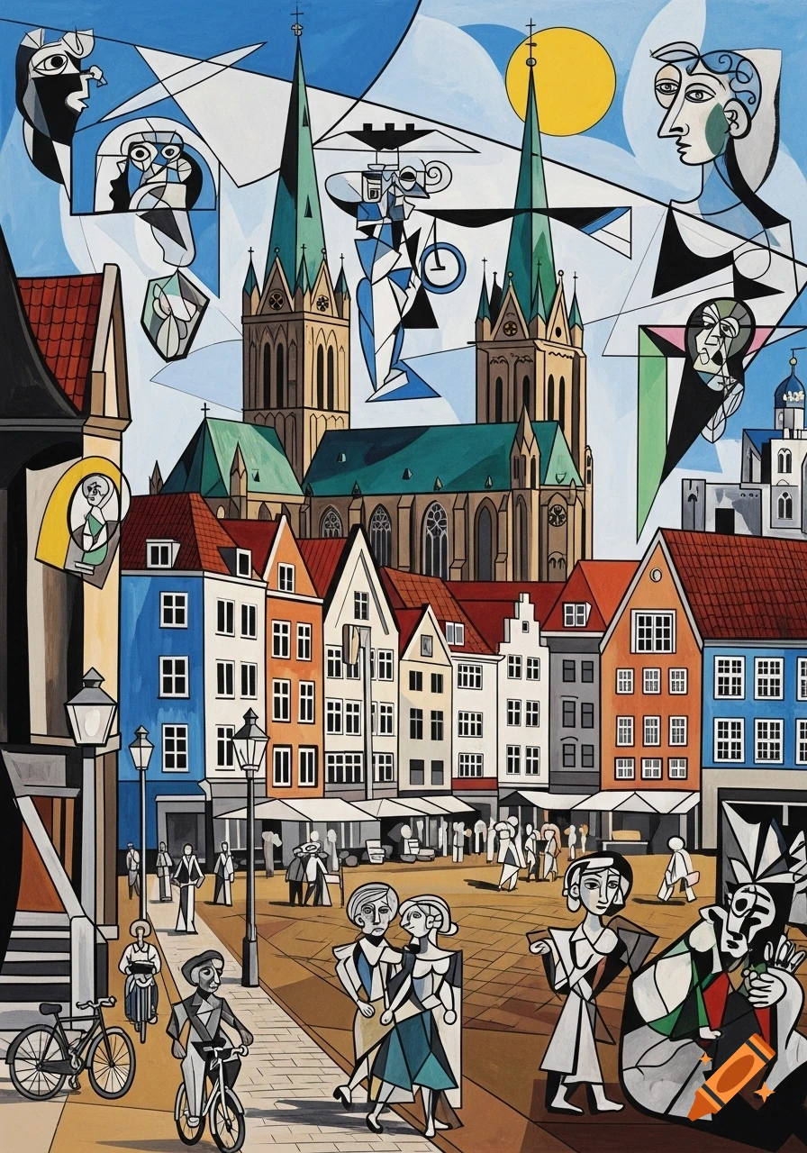 A colorful cubist painting depicting a European city street with churches, buildings, and abstract figures walking and cycling.