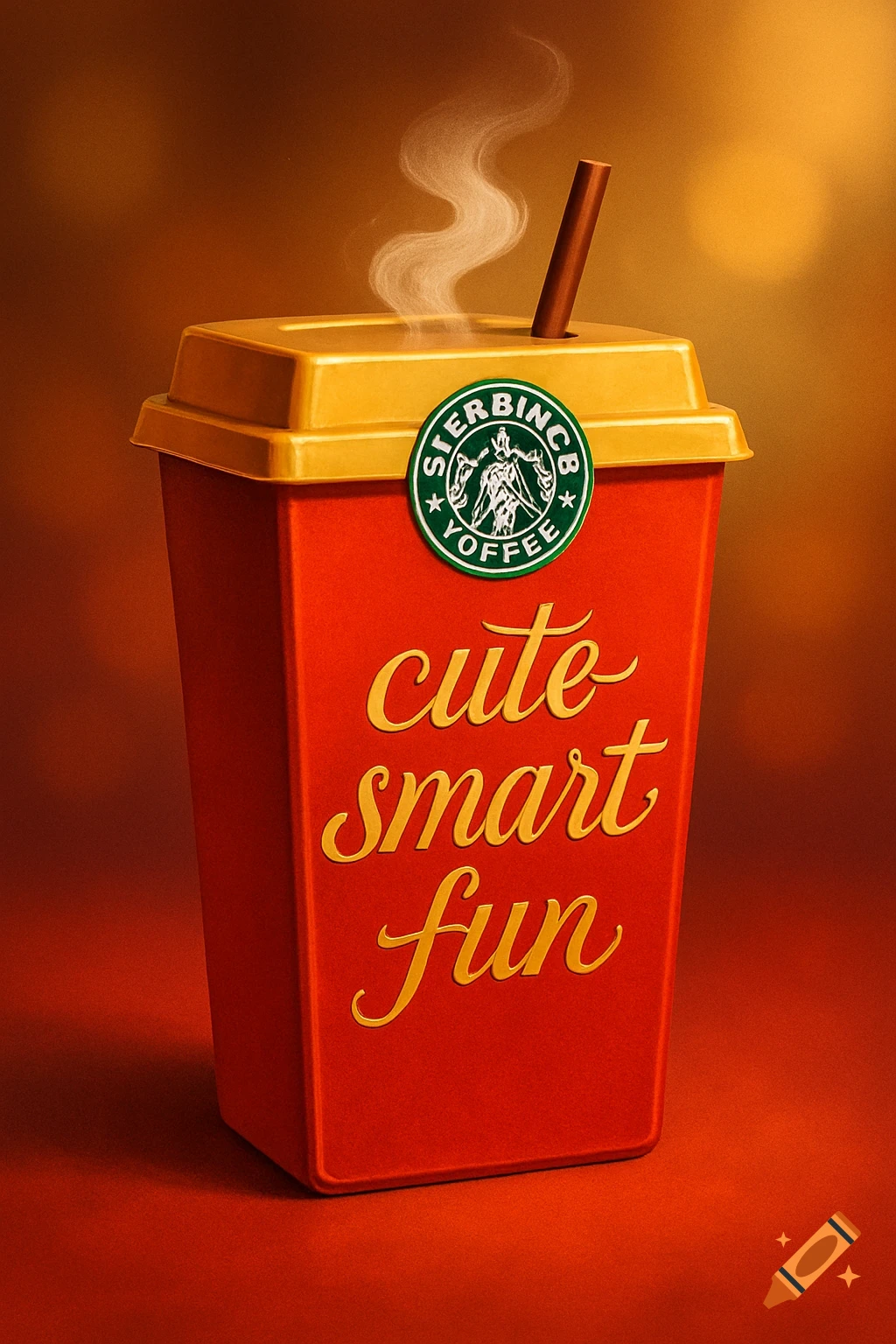 A red, rectangular coffee cup with a gold lid and straw, featuring 'cute smart fun' in gold script and a green 'STERBINCB YOFFEE' logo. Steam rises from the cup.