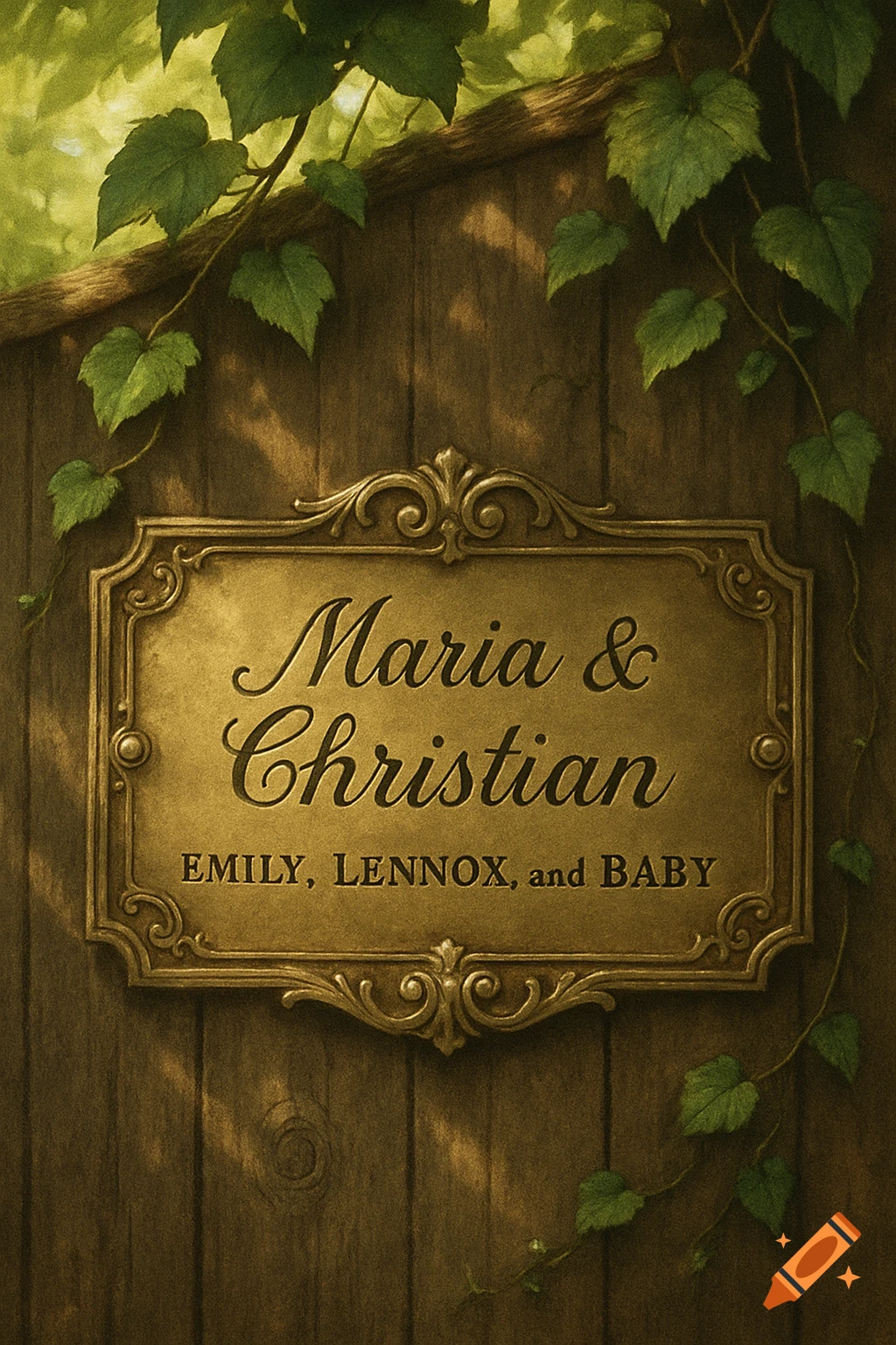 An ornate golden nameplate on a wooden background with green vines, featuring the names Maria & Christian, Emily, Lennox, and Baby.