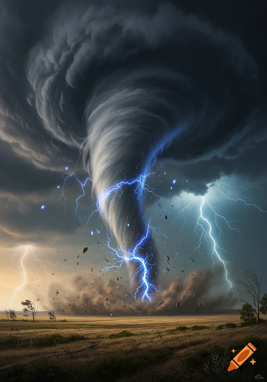A powerful tornado with electric blue lightning strikes churns over a vast field under a dark, stormy sky.