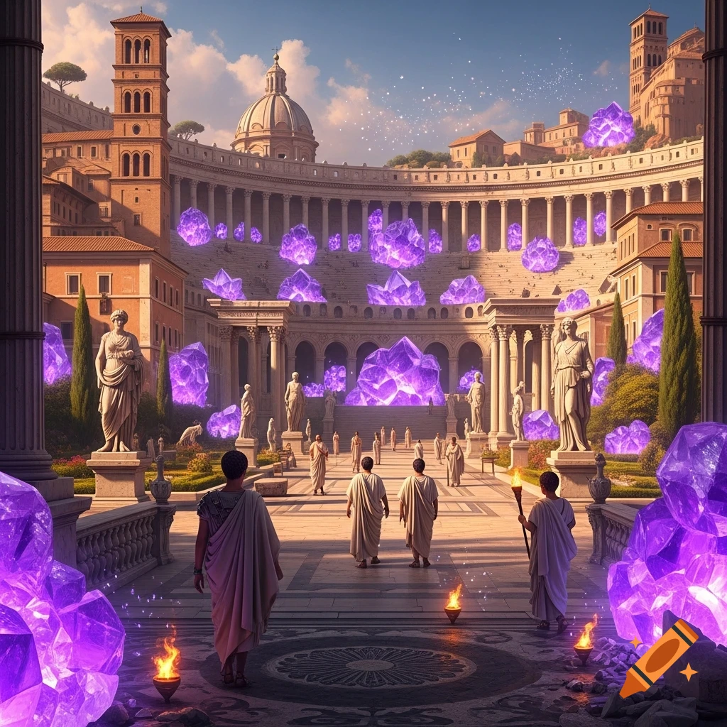 An ancient Roman city plaza with a large amphitheater, dotted with numerous glowing purple crystals and people in togas walking around.