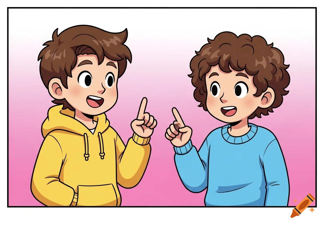 Two cartoon boys with brown hair, one in a yellow hoodie and one in a blue sweater, pointing and talking against a pink background.