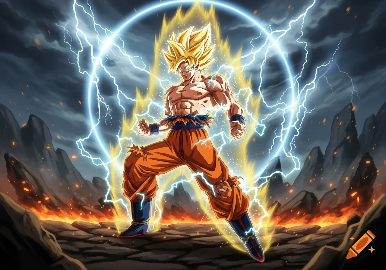 Goku as a Super Saiyan powers up with yellow aura and blue lightning in a rocky, fiery landscape, anime style.