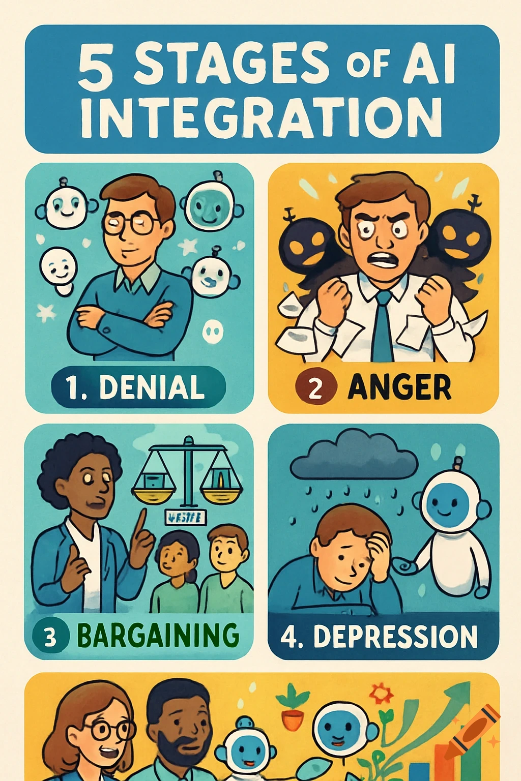 A cartoon infographic showing the '5 Stages of AI Integration' with panels depicting denial, anger, bargaining, and depression, with various people and robots.