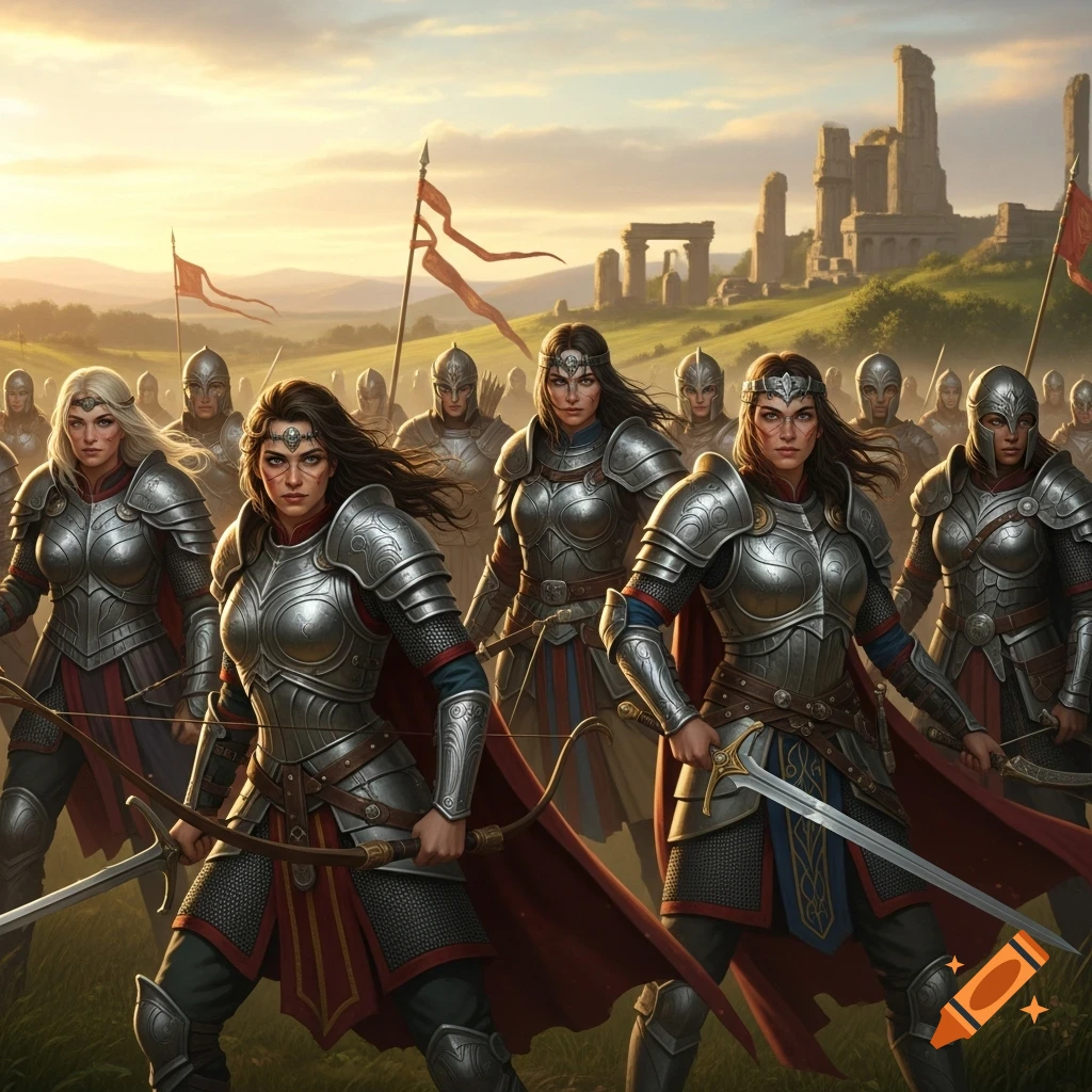 A group of female warriors in gleaming armor holding swords and bows stand in a field with ancient ruins in the background under a sunrise.