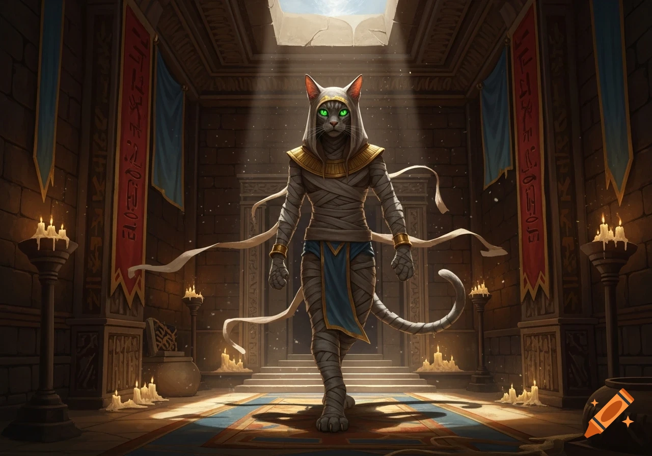 A majestic anthropomorphic cat mummy lord with glowing green eyes stands in a candlelit ancient Egyptian tomb.