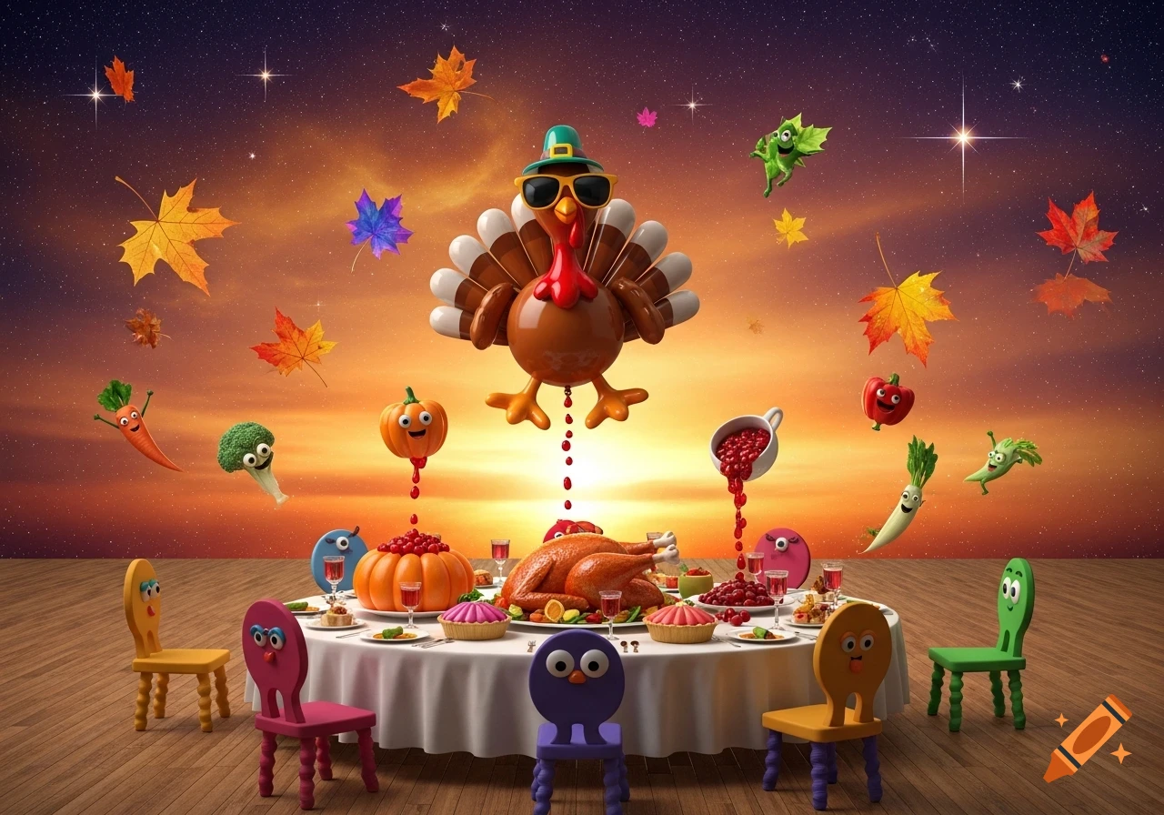 A whimsical, surreal Thanksgiving dinner scene with a floating, sunglass-wearing turkey, animated vegetables, and smiling chairs under a starry sunset sky.