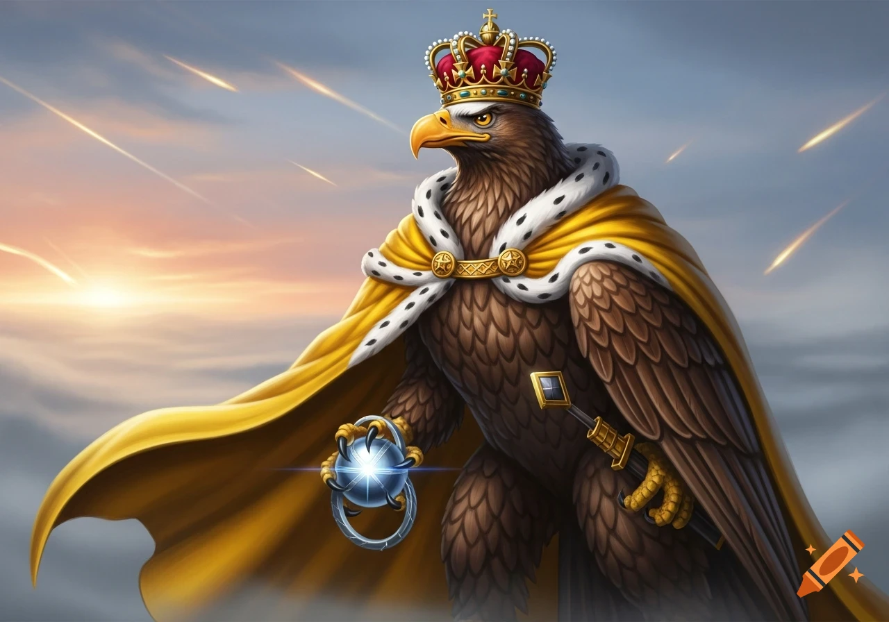 Majestic eagle wearing a king's golden cape and crown, holding a glowing orb, with meteors in the sky.
