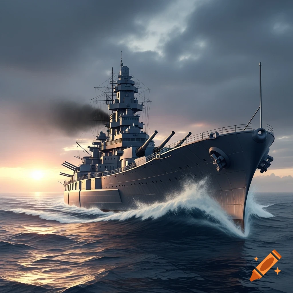 A photorealistic battleship sails through choppy waters at sunset, with smoke rising from its smokestack.