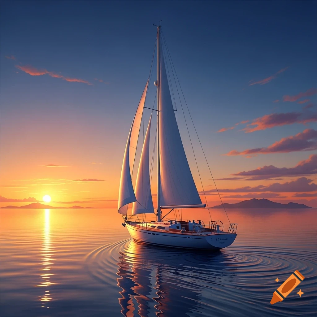 A sailboat floats on calm water with circular ripples at sunset, reflecting the bright orange and purple sky.