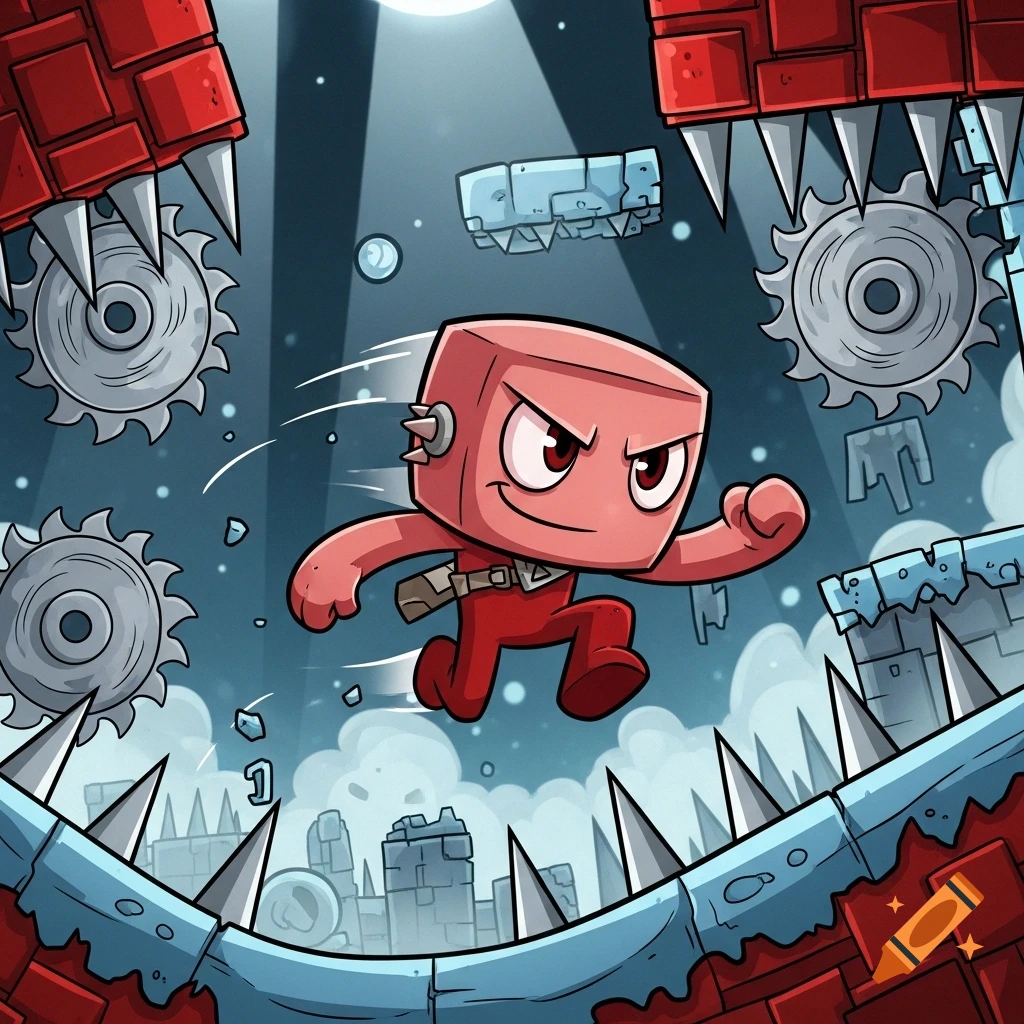 A red square character with an angry expression jumps over spikes and sawblades in a dark, stylized video game level.